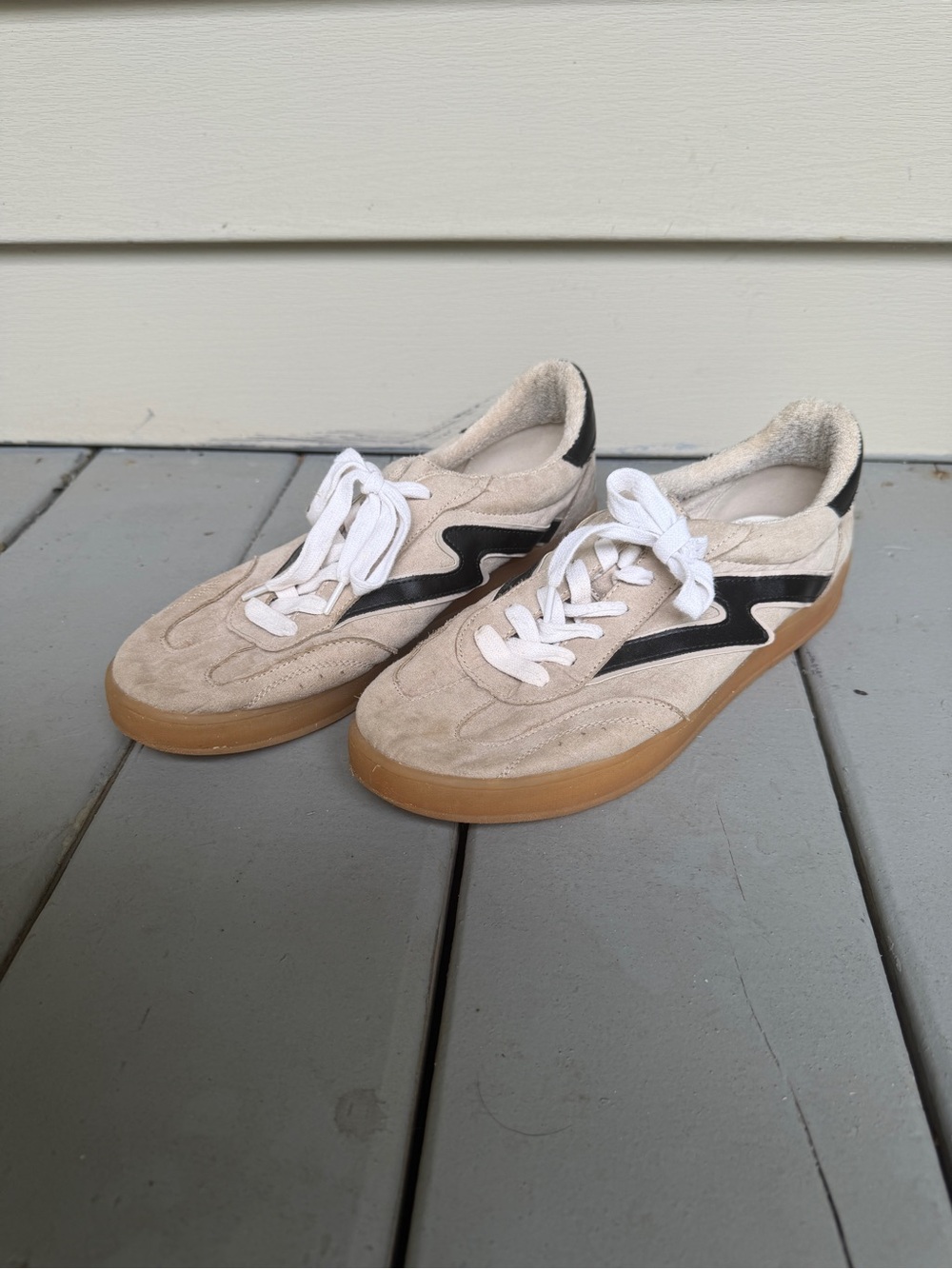 Beige Suede Sneakers with Black Accent and Gum Sole